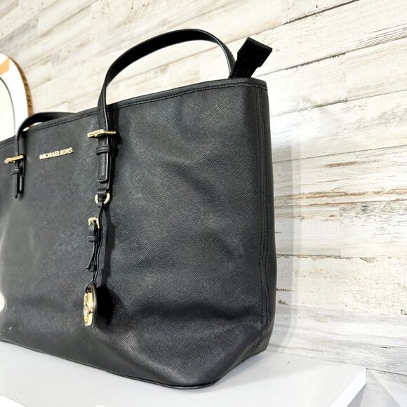 Michael Kors Women Large Extra Slim Black Jet Setter Pebbled Leather Tote Bag - Picture 3 of 7